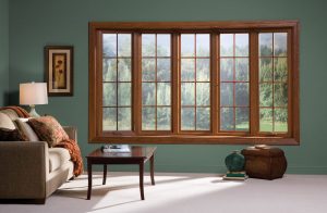 A bow window in a sitting area