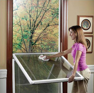 Homeowners cleaning a window from the inside